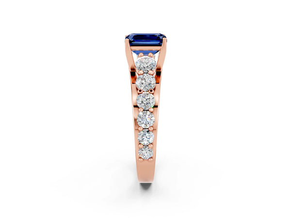 Rose gold Emerald Cut Blue Sapphire Engagement Ring with Pavé Band and Four-Prong Setting