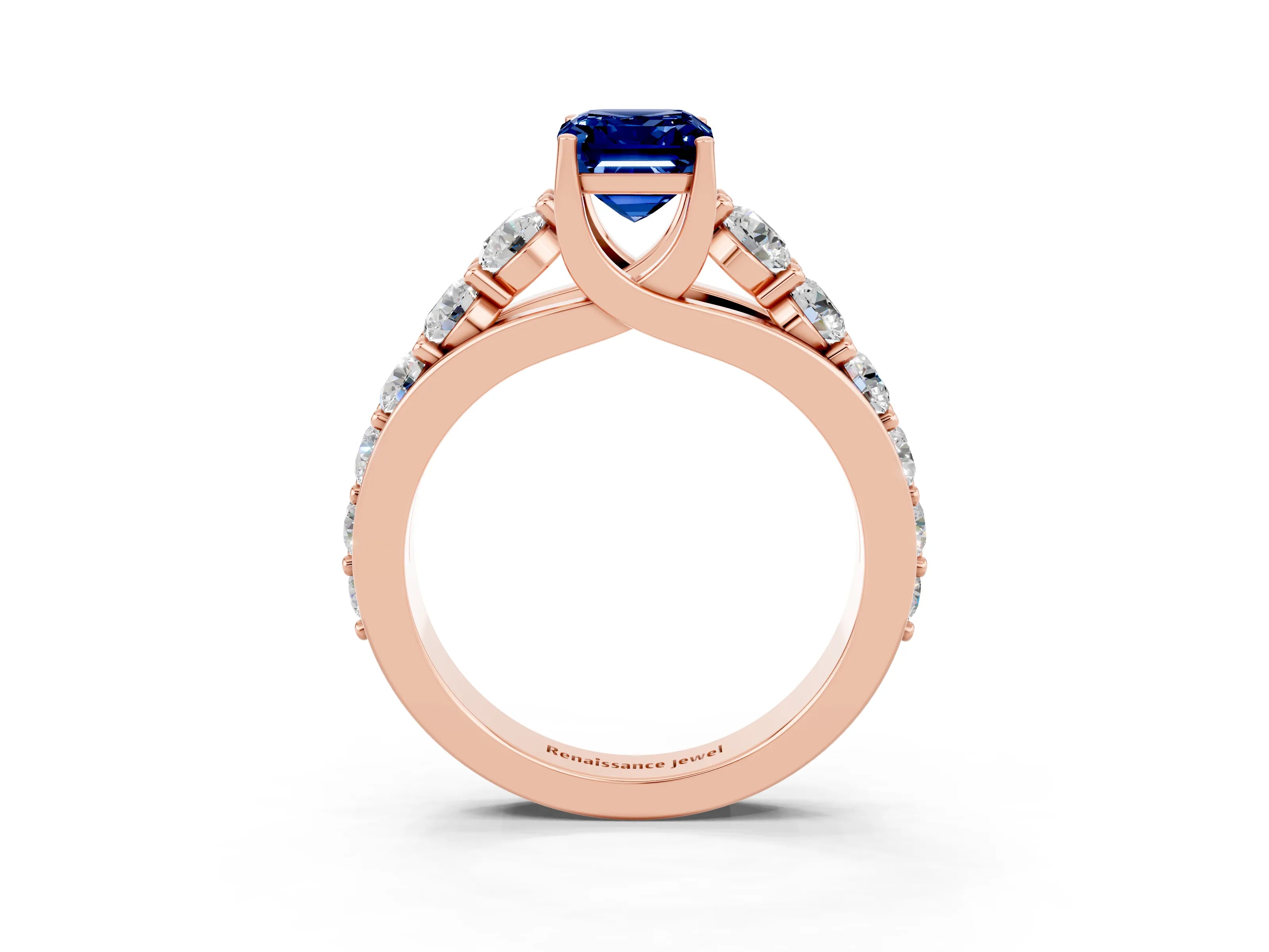 Rose gold Emerald Cut Blue Sapphire Engagement Ring with Pavé Band and Four-Prong Setting_3