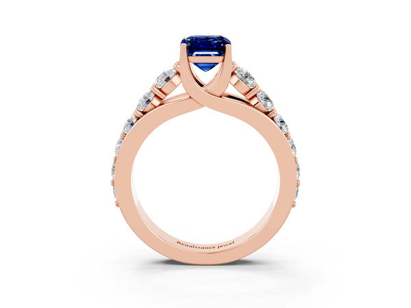 Rose gold Emerald Cut Blue Sapphire Engagement Ring with Pavé Band and Four-Prong Setting