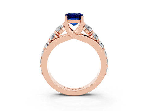 Rose gold Emerald Cut Blue Sapphire Engagement Ring with Pavé Band and Four-Prong Setting_3
