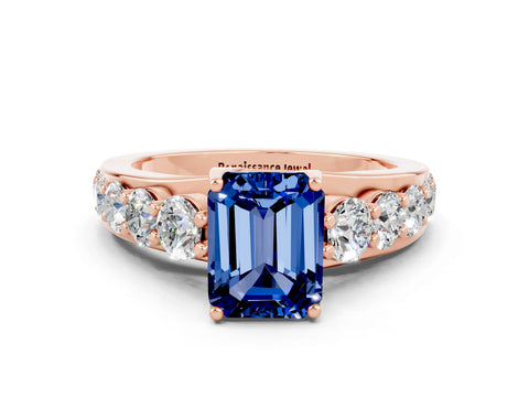 Rose gold Emerald Cut Blue Sapphire Engagement Ring with Pavé Band and Four-Prong Setting