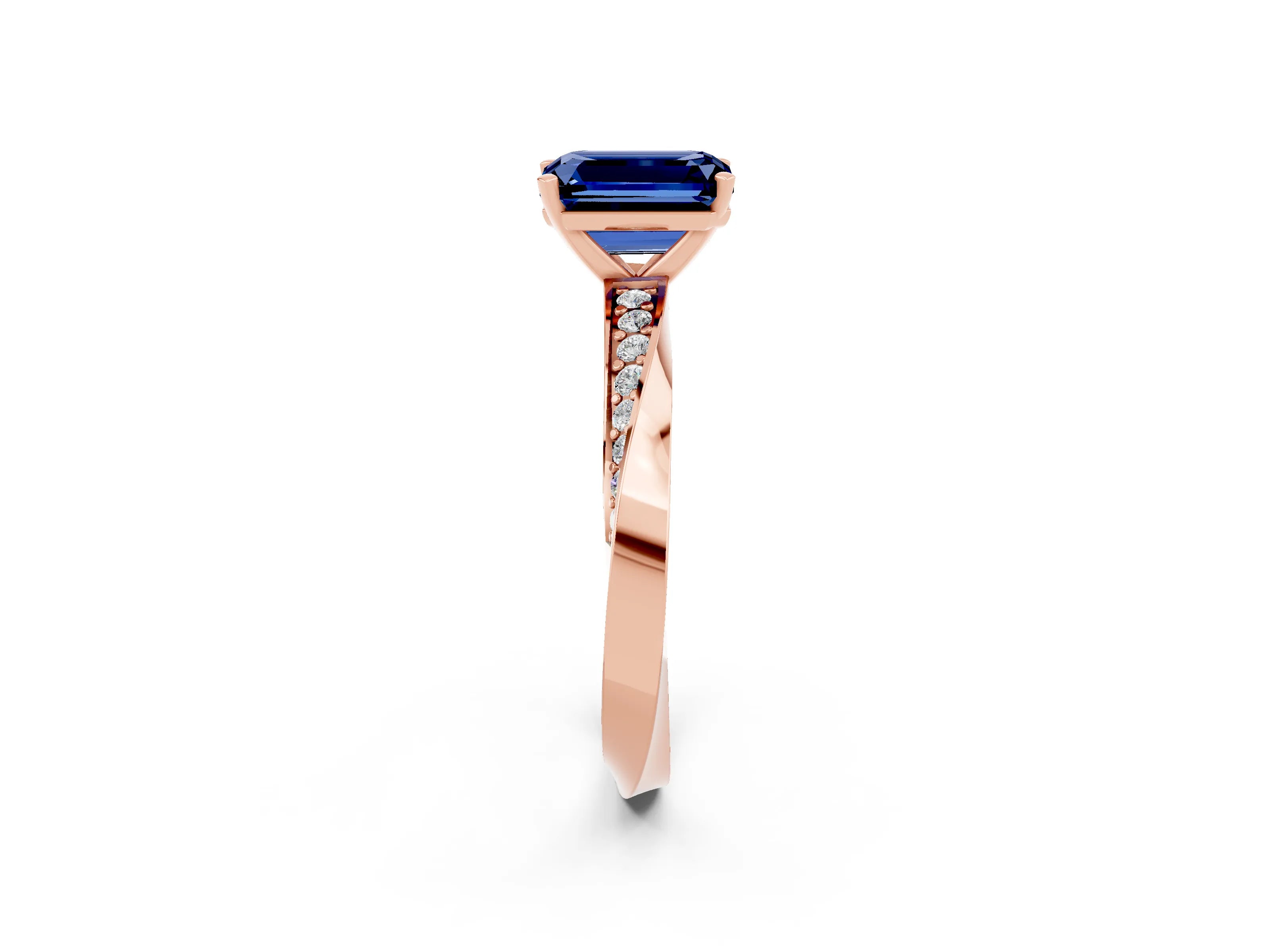 Rose gold Emerald Cut Blue Sapphire Engagement Ring with Side Stone Accents and Four-Prong Setting_29