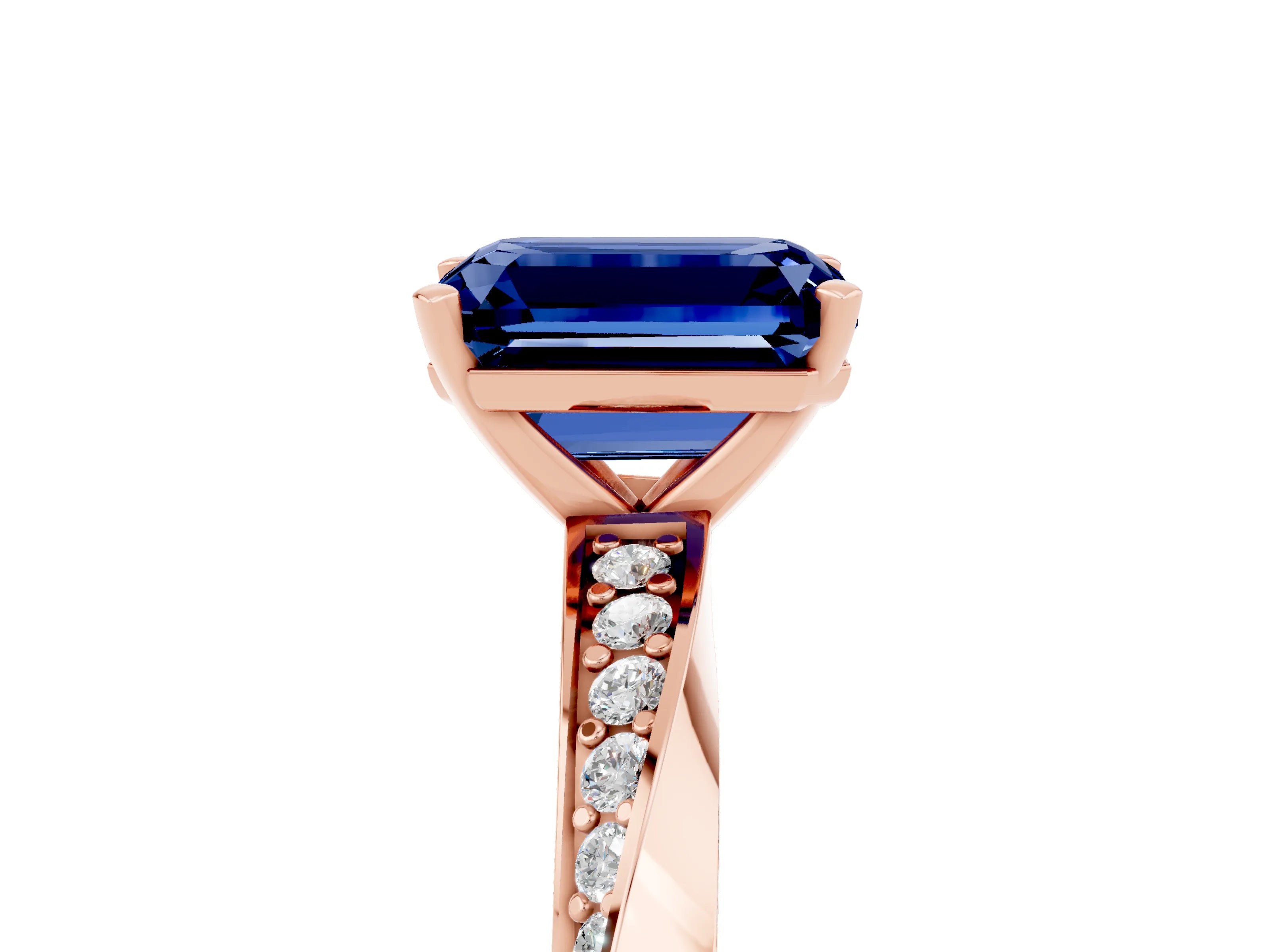 Rose gold Emerald Cut Blue Sapphire Engagement Ring with Side Stone Accents and Four-Prong Setting_32