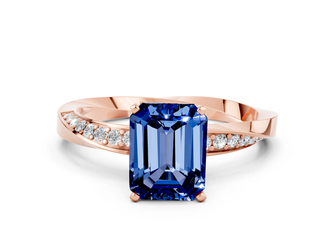 Rose gold Emerald Cut Blue Sapphire Engagement Ring with Side Stone Accents and Four-Prong Setting_60