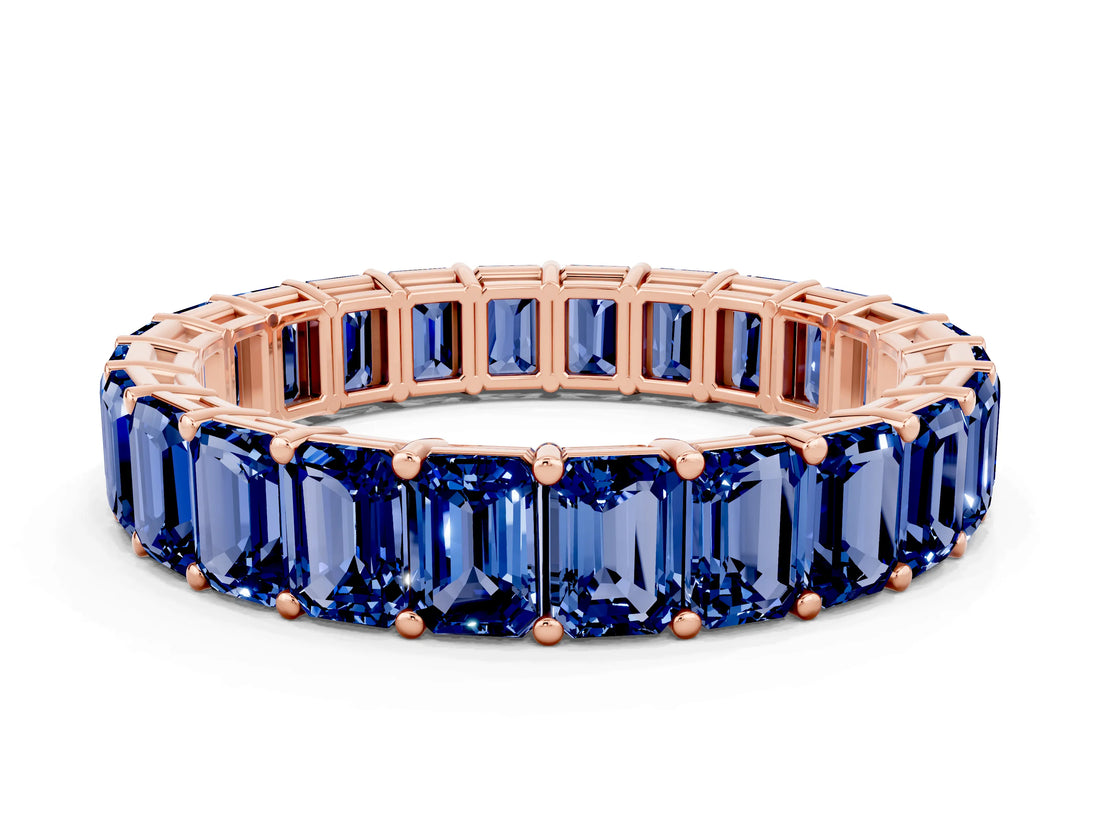 Rose gold Emerald Cut Blue Sapphire Eternity Band with Shared Prong Setting_6