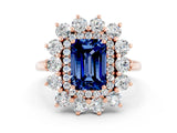 Rose gold Emerald Cut Blue Sapphire Floral Double Halo Engagement Ring with Prong Setting_72