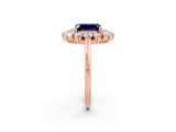 Rose gold Emerald Cut Blue Sapphire Floral Double Halo Engagement Ring with Prong Setting_74