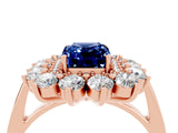 Rose gold Emerald Cut Blue Sapphire Floral Double Halo Engagement Ring with Prong Setting_76