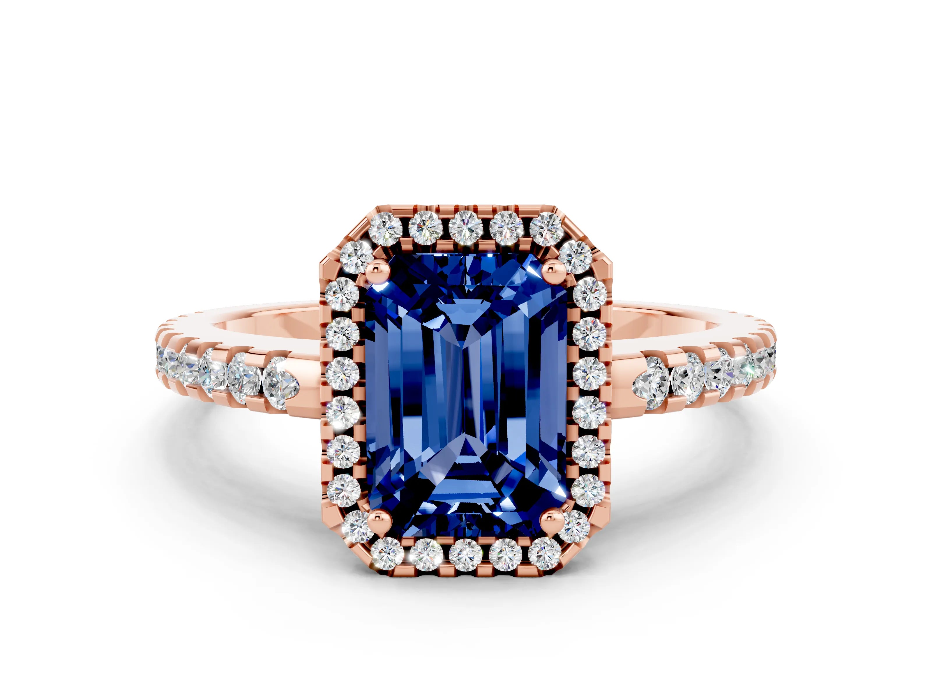 Rose gold Emerald Cut Blue Sapphire Halo Engagement Ring with Pavé Band and Prong Setting_12