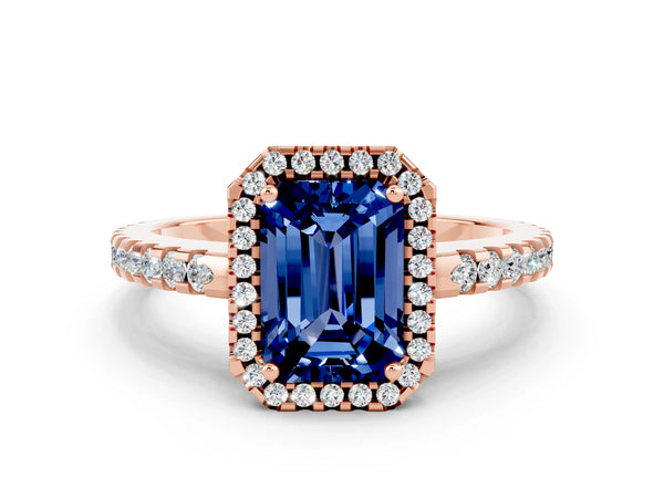 Rose gold Emerald Cut Blue Sapphire Halo Engagement Ring with Pavé Band and Prong Setting