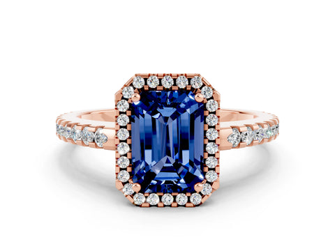 Rose gold Emerald Cut Blue Sapphire Halo Engagement Ring with Pavé Band and Prong Setting_12
