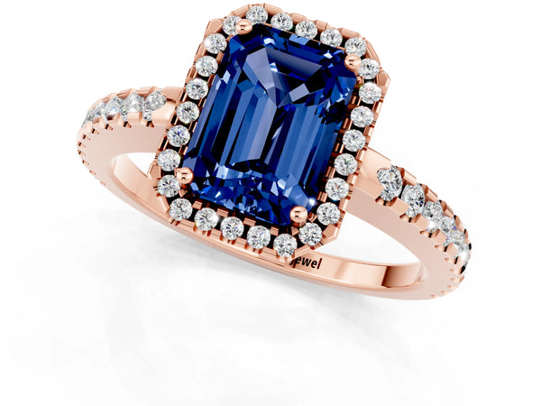 Rose gold Emerald Cut Blue Sapphire Halo Engagement Ring with Pavé Band and Prong Setting