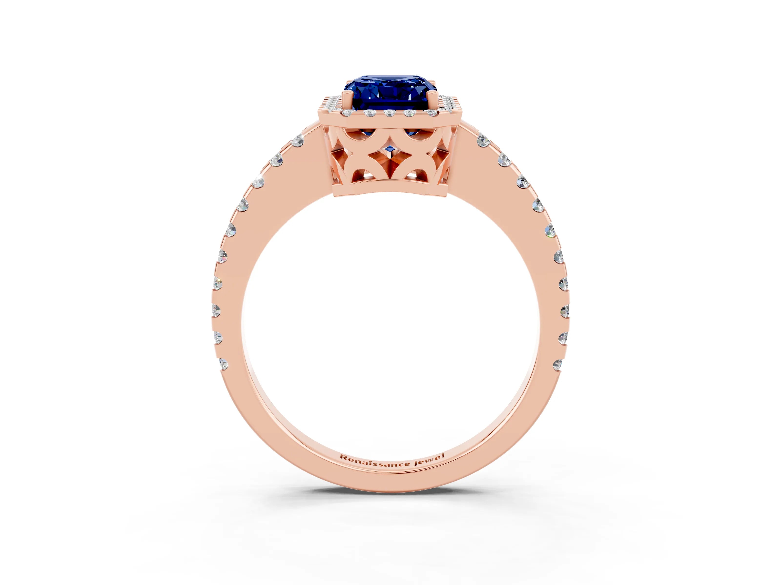 Rose gold Emerald Cut Blue Sapphire Halo Engagement Ring with Pavé Band and Prong Setting_15