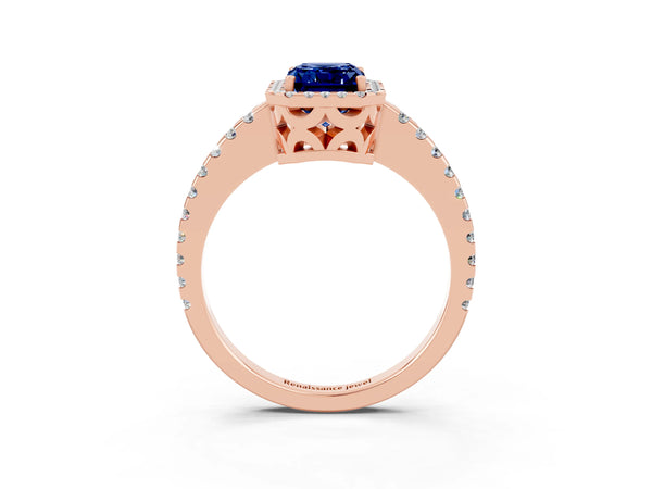 Rose gold Emerald Cut Blue Sapphire Halo Engagement Ring with Pavé Band and Prong Setting