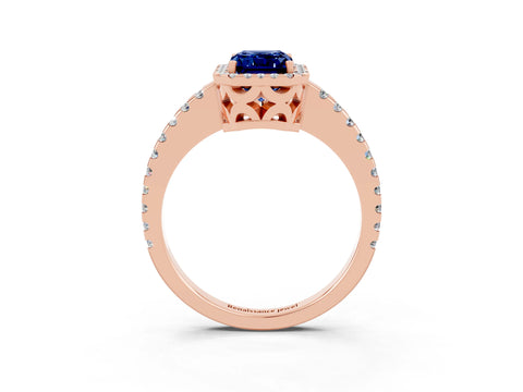 Rose gold Emerald Cut Blue Sapphire Halo Engagement Ring with Pavé Band and Prong Setting_15
