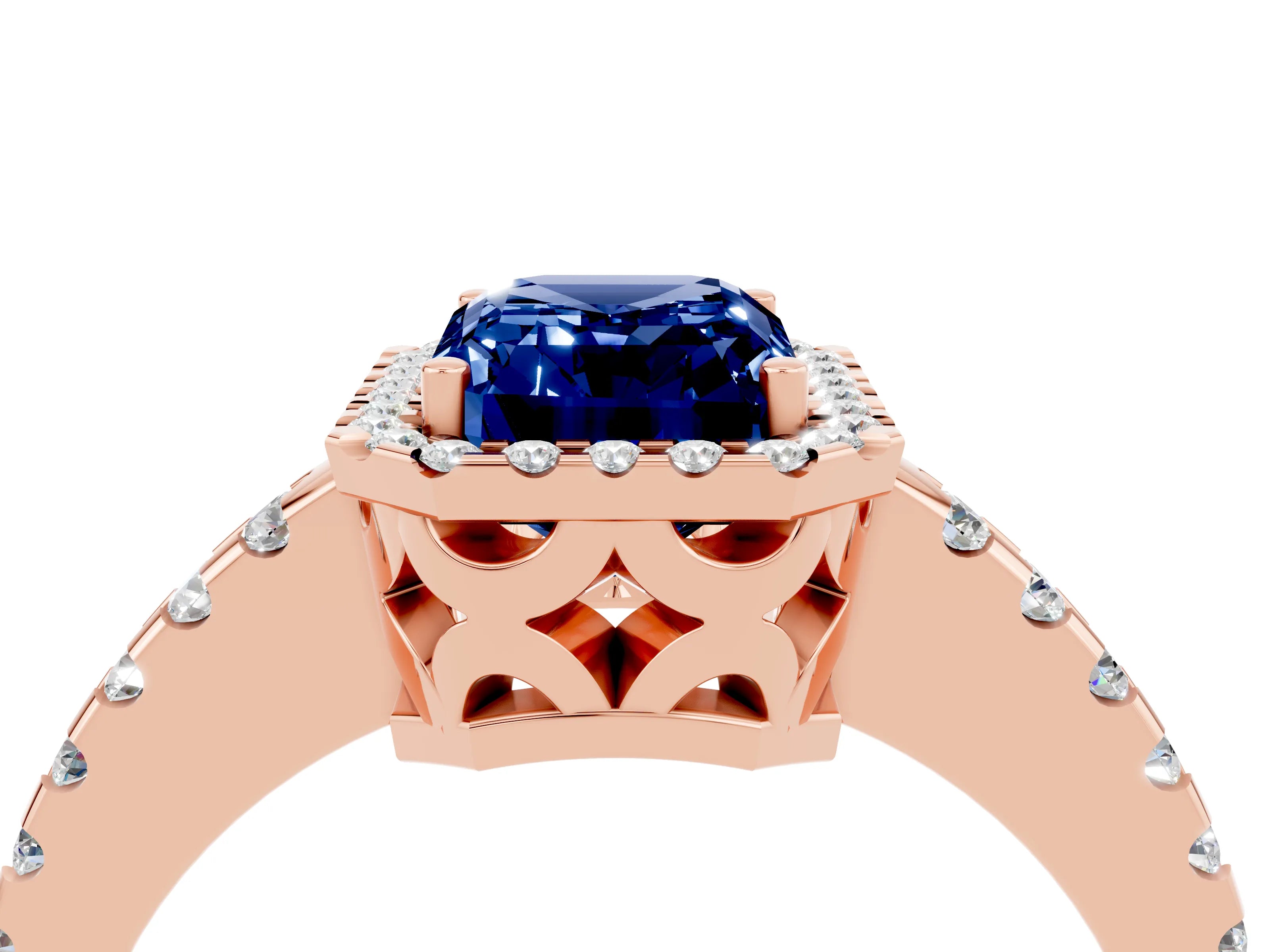 Rose gold Emerald Cut Blue Sapphire Halo Engagement Ring with Pavé Band and Prong Setting_16