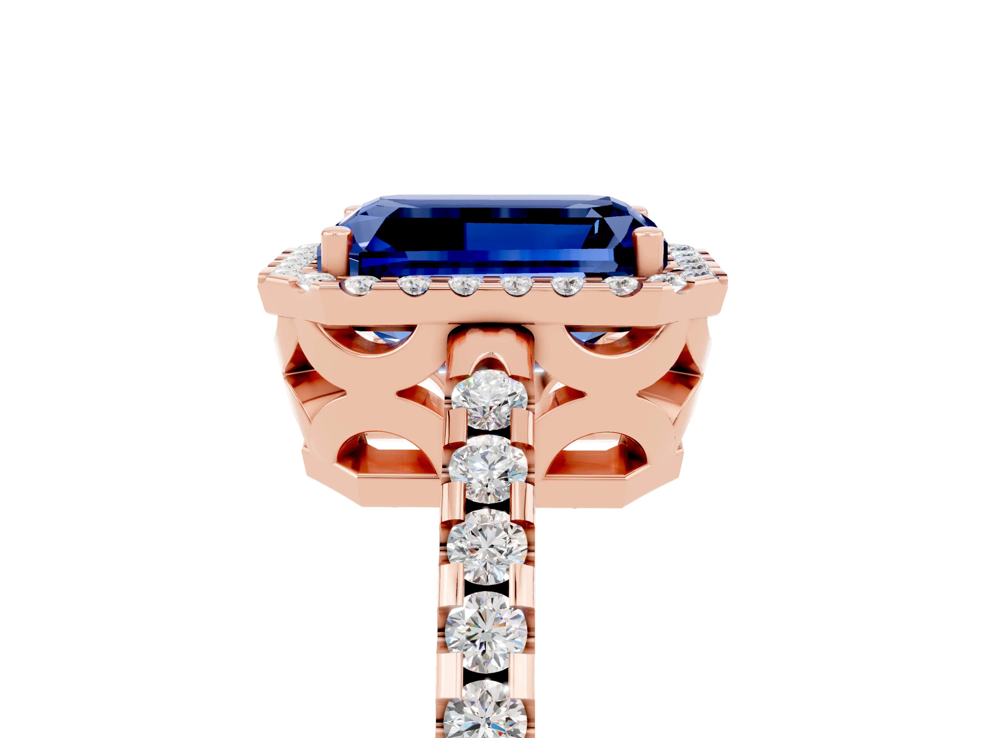 Rose gold Emerald Cut Blue Sapphire Halo Engagement Ring with Pavé Band and Prong Setting_17