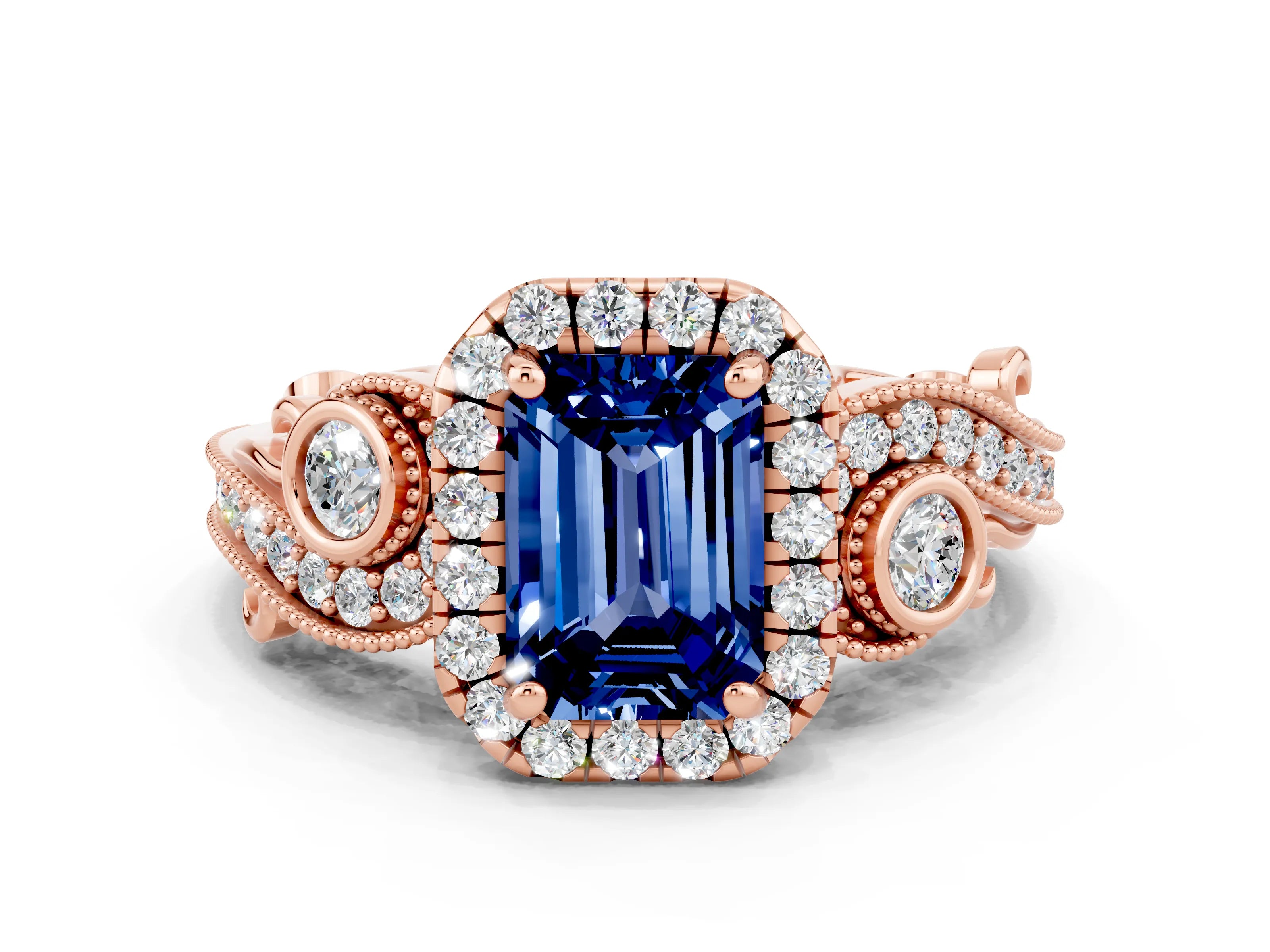 Rose gold Emerald Cut Blue Sapphire Halo Ring with Milgrain Pavé Band and Four-Prong Setting_12