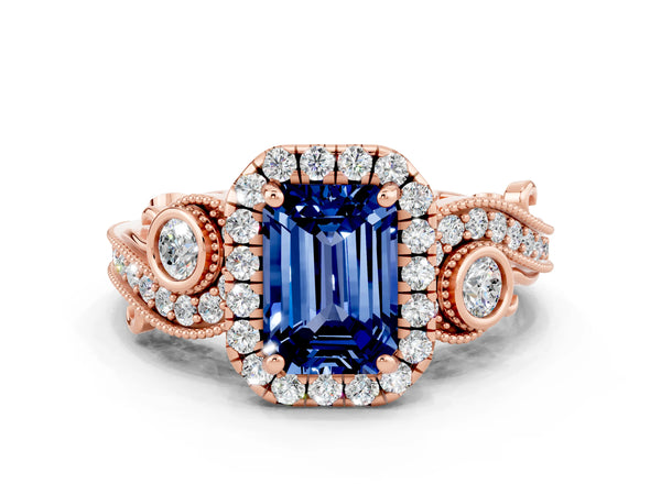 Rose gold Emerald Cut Blue Sapphire Halo Ring with Milgrain Pavé Band and Four-Prong Setting
