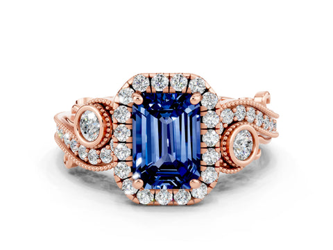 Rose gold Emerald Cut Blue Sapphire Halo Ring with Milgrain Pavé Band and Four-Prong Setting_12