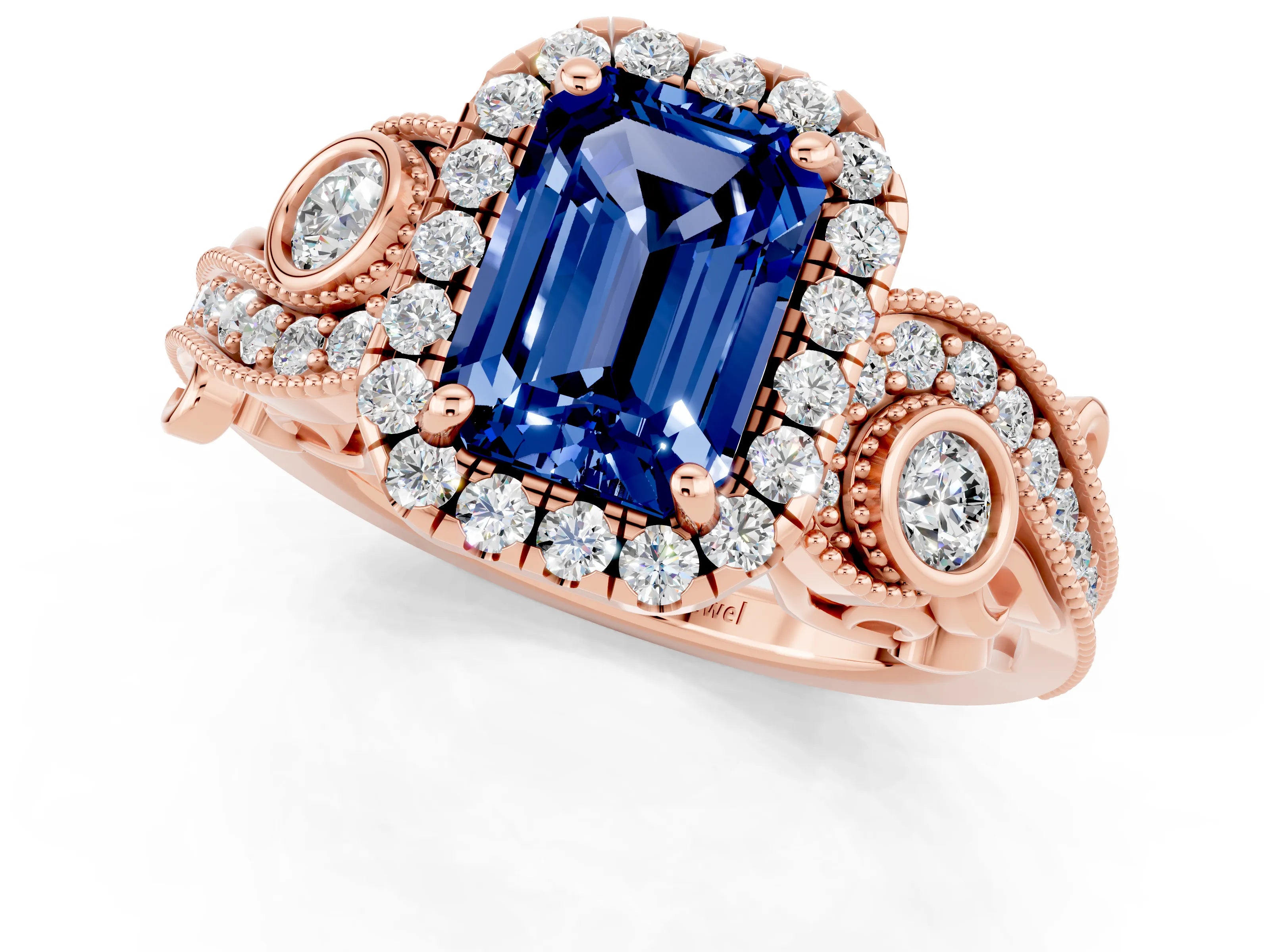 Rose gold Emerald Cut Blue Sapphire Halo Ring with Milgrain Pavé Band and Four-Prong Setting_13
