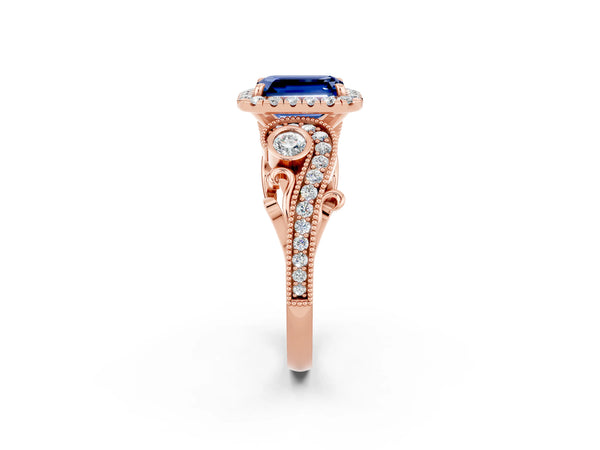 Rose gold Emerald Cut Blue Sapphire Halo Ring with Milgrain Pavé Band and Four-Prong Setting