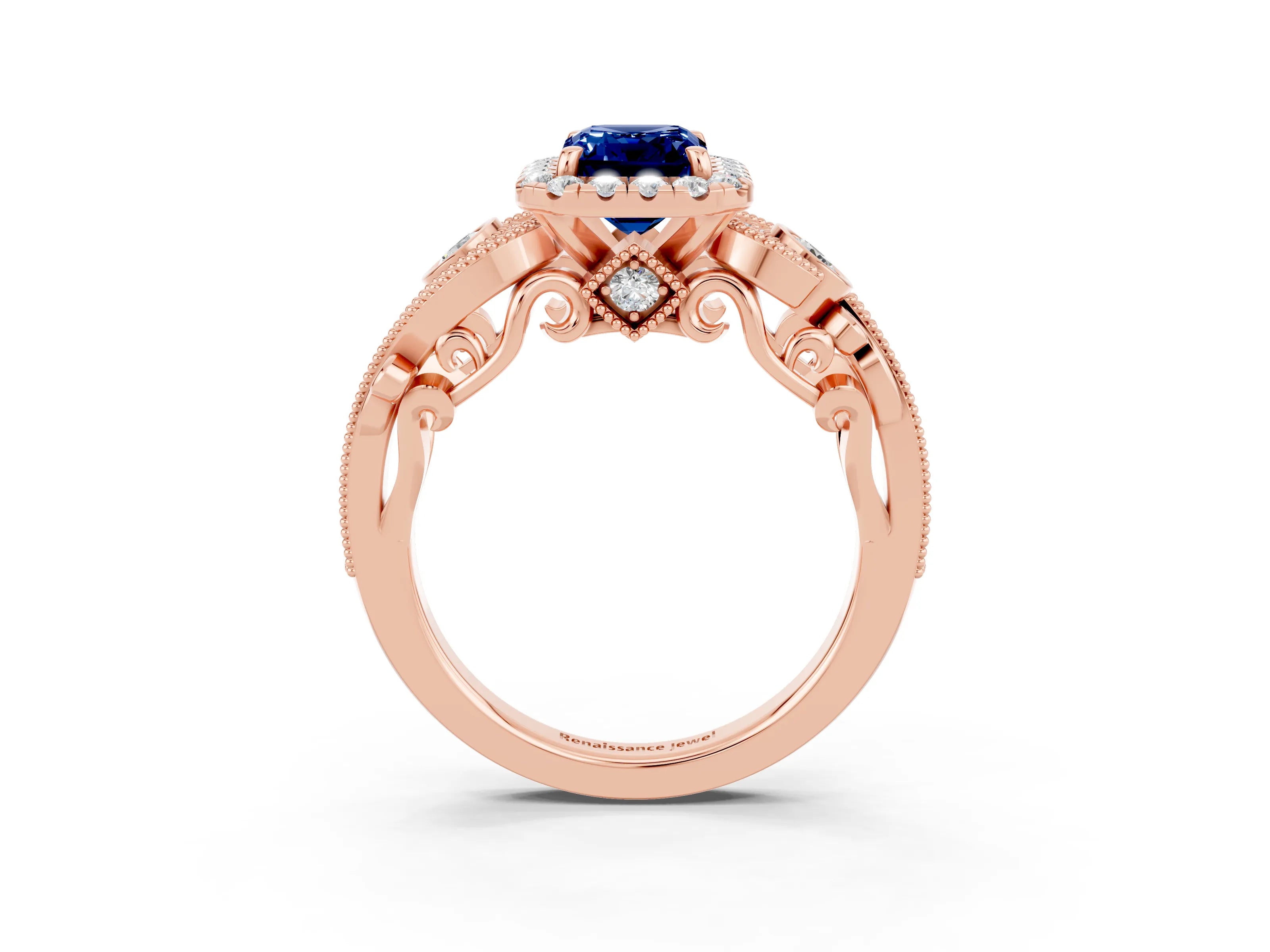Rose gold Emerald Cut Blue Sapphire Halo Ring with Milgrain Pavé Band and Four-Prong Setting_15
