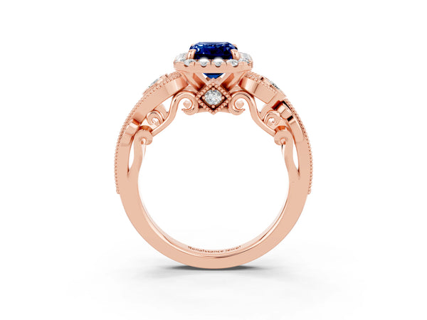 Rose gold Emerald Cut Blue Sapphire Halo Ring with Milgrain Pavé Band and Four-Prong Setting
