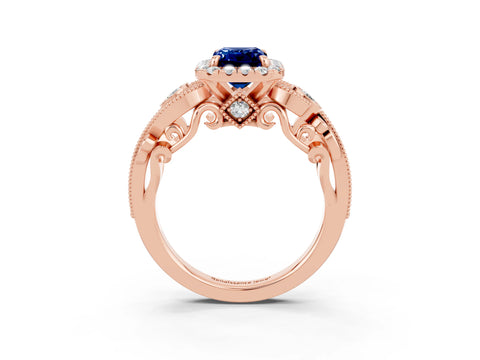Rose gold Emerald Cut Blue Sapphire Halo Ring with Milgrain Pavé Band and Four-Prong Setting_15