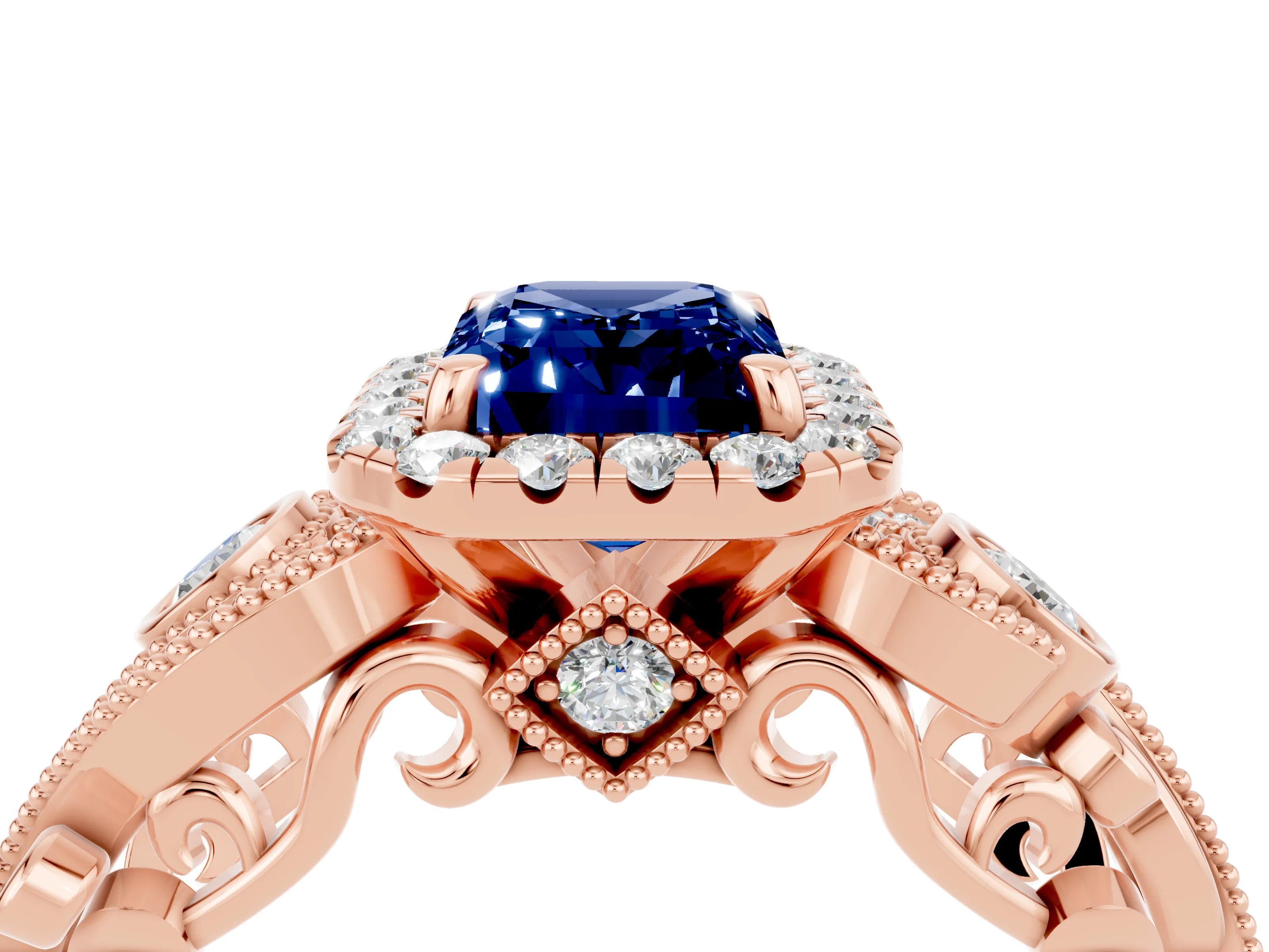 Rose gold Emerald Cut Blue Sapphire Halo Ring with Milgrain Pavé Band and Four-Prong Setting_16