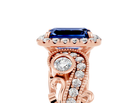 Rose gold Emerald Cut Blue Sapphire Halo Ring with Milgrain Pavé Band and Four-Prong Setting_17