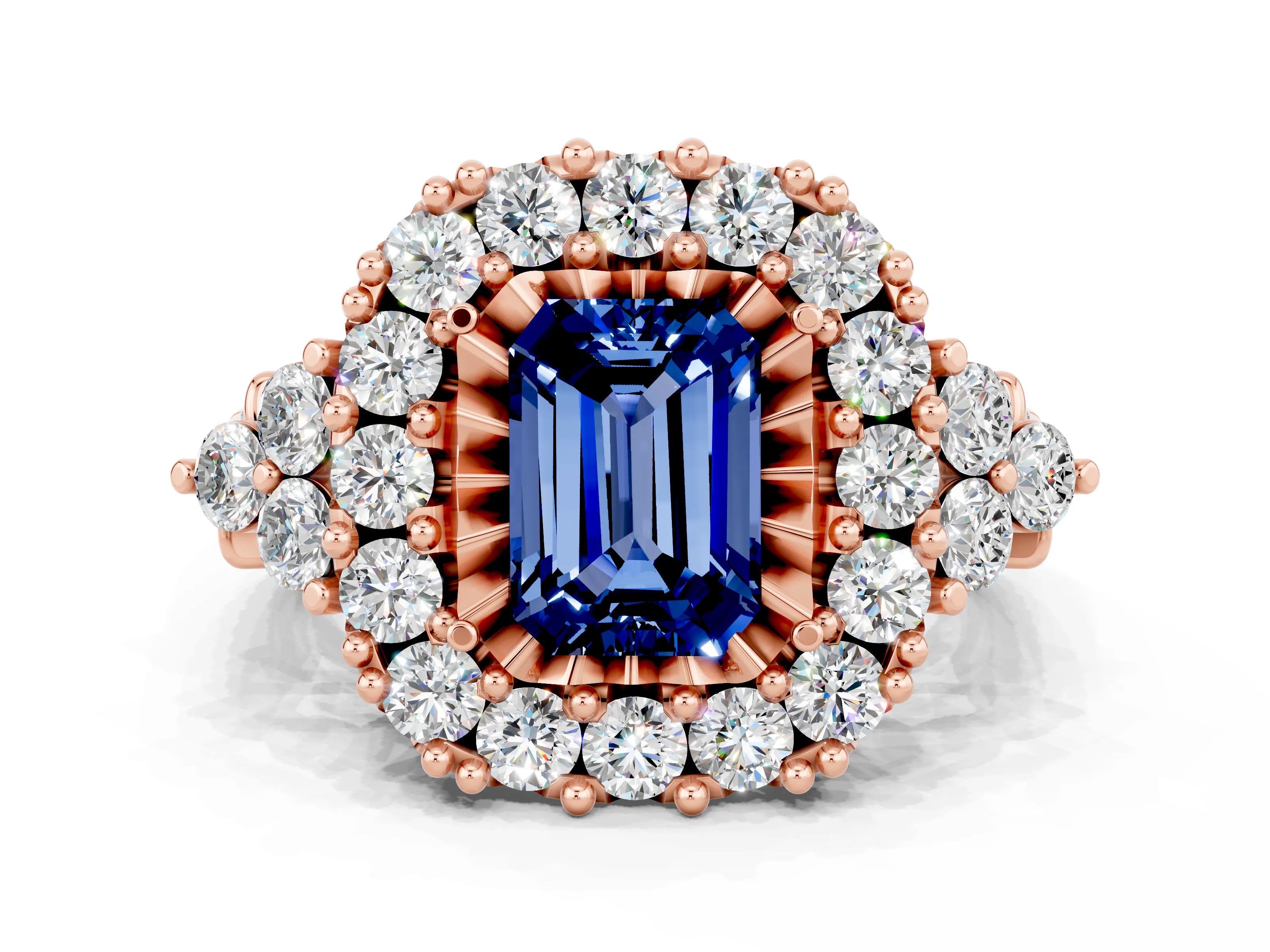 Rose gold Emerald Cut Blue Sapphire Halo Ring with Pavé Band and Four-Prong Setting_12