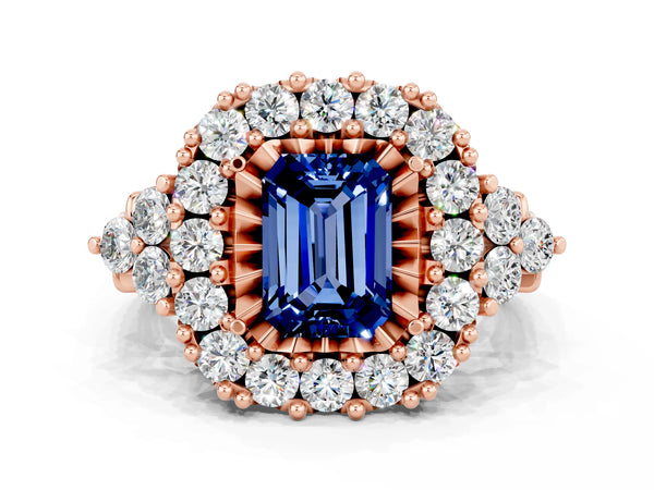 Rose gold Emerald Cut Blue Sapphire Halo Ring with Pavé Band and Four-Prong Setting