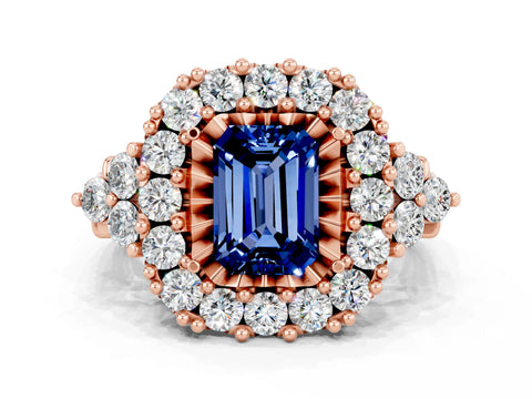 Rose gold Emerald Cut Blue Sapphire Halo Ring with Pavé Band and Four-Prong Setting_12