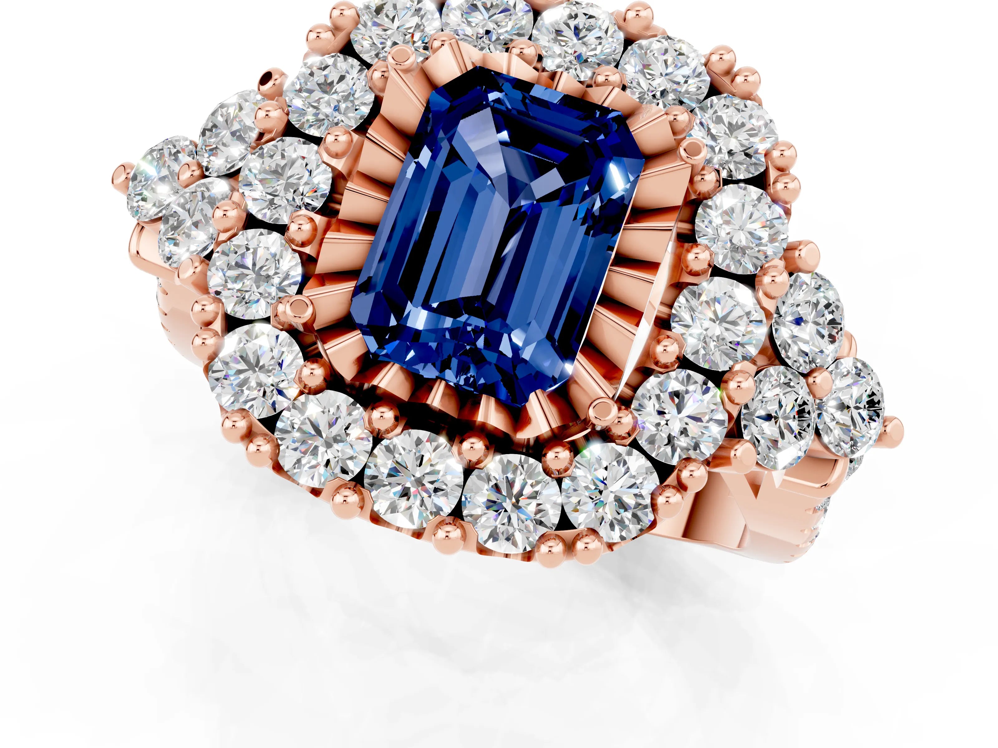 Rose gold Emerald Cut Blue Sapphire Halo Ring with Pavé Band and Four-Prong Setting_13
