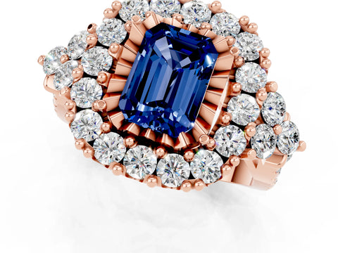 Rose gold Emerald Cut Blue Sapphire Halo Ring with Pavé Band and Four-Prong Setting_13
