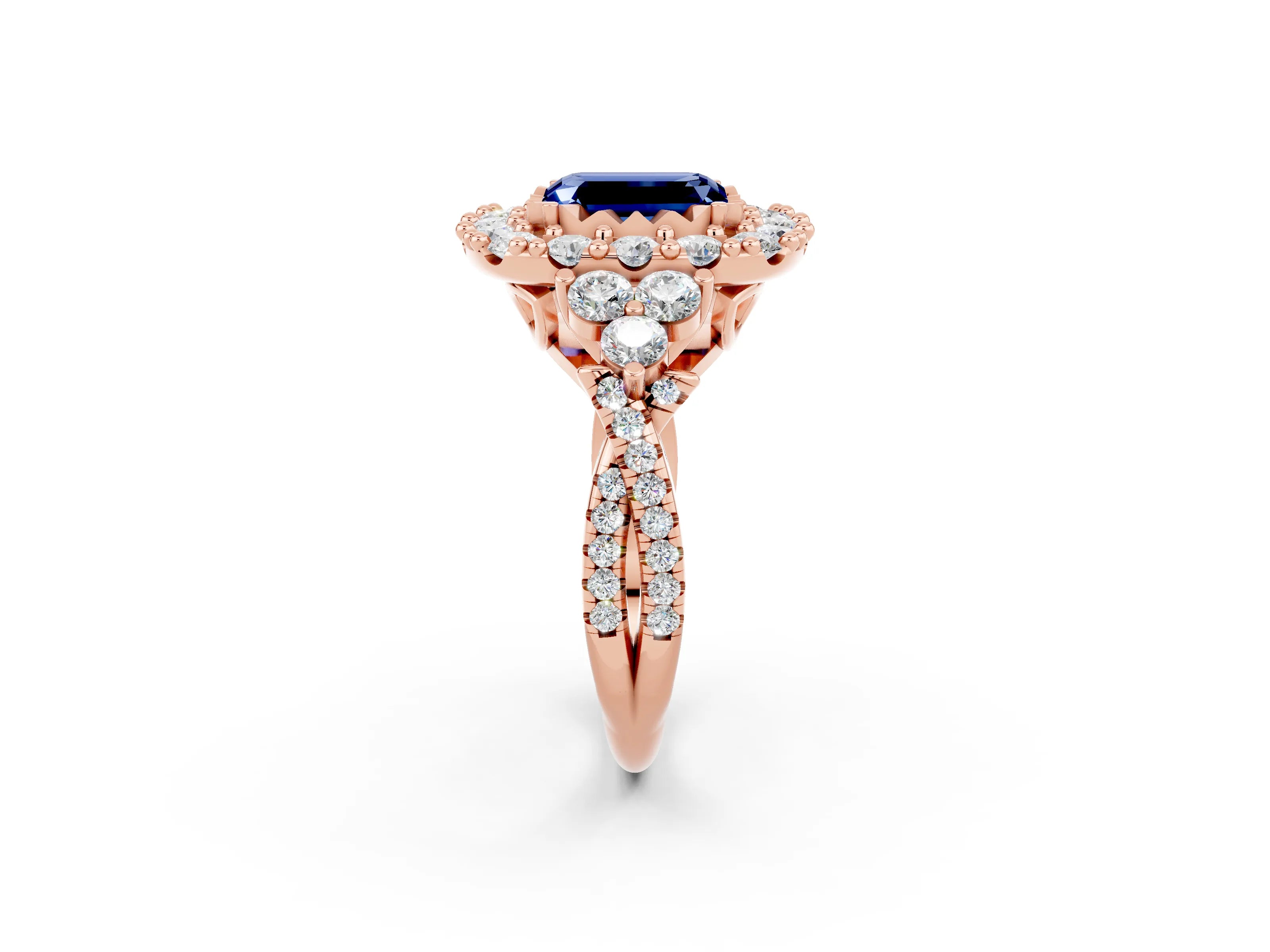 Rose gold Emerald Cut Blue Sapphire Halo Ring with Pavé Band and Four-Prong Setting_14