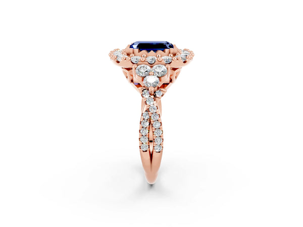 Rose gold Emerald Cut Blue Sapphire Halo Ring with Pavé Band and Four-Prong Setting