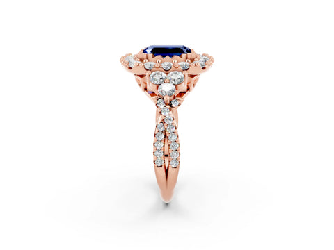 Rose gold Emerald Cut Blue Sapphire Halo Ring with Pavé Band and Four-Prong Setting_14