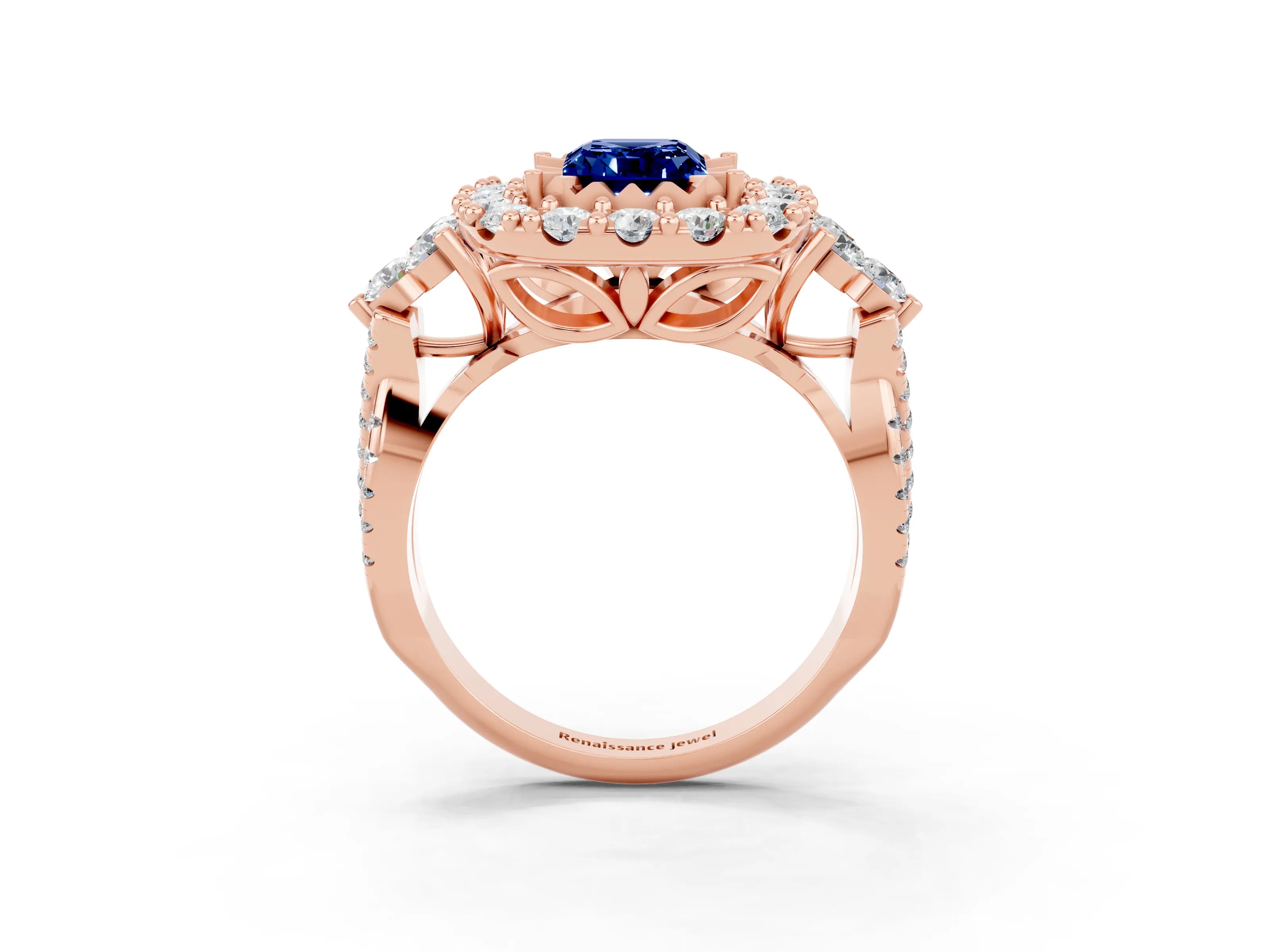 Rose gold Emerald Cut Blue Sapphire Halo Ring with Pavé Band and Four-Prong Setting_15