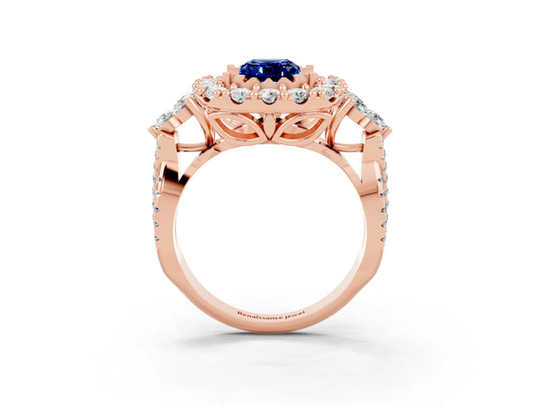 Rose gold Emerald Cut Blue Sapphire Halo Ring with Pavé Band and Four-Prong Setting