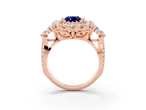 Rose gold Emerald Cut Blue Sapphire Halo Ring with Pavé Band and Four-Prong Setting_15