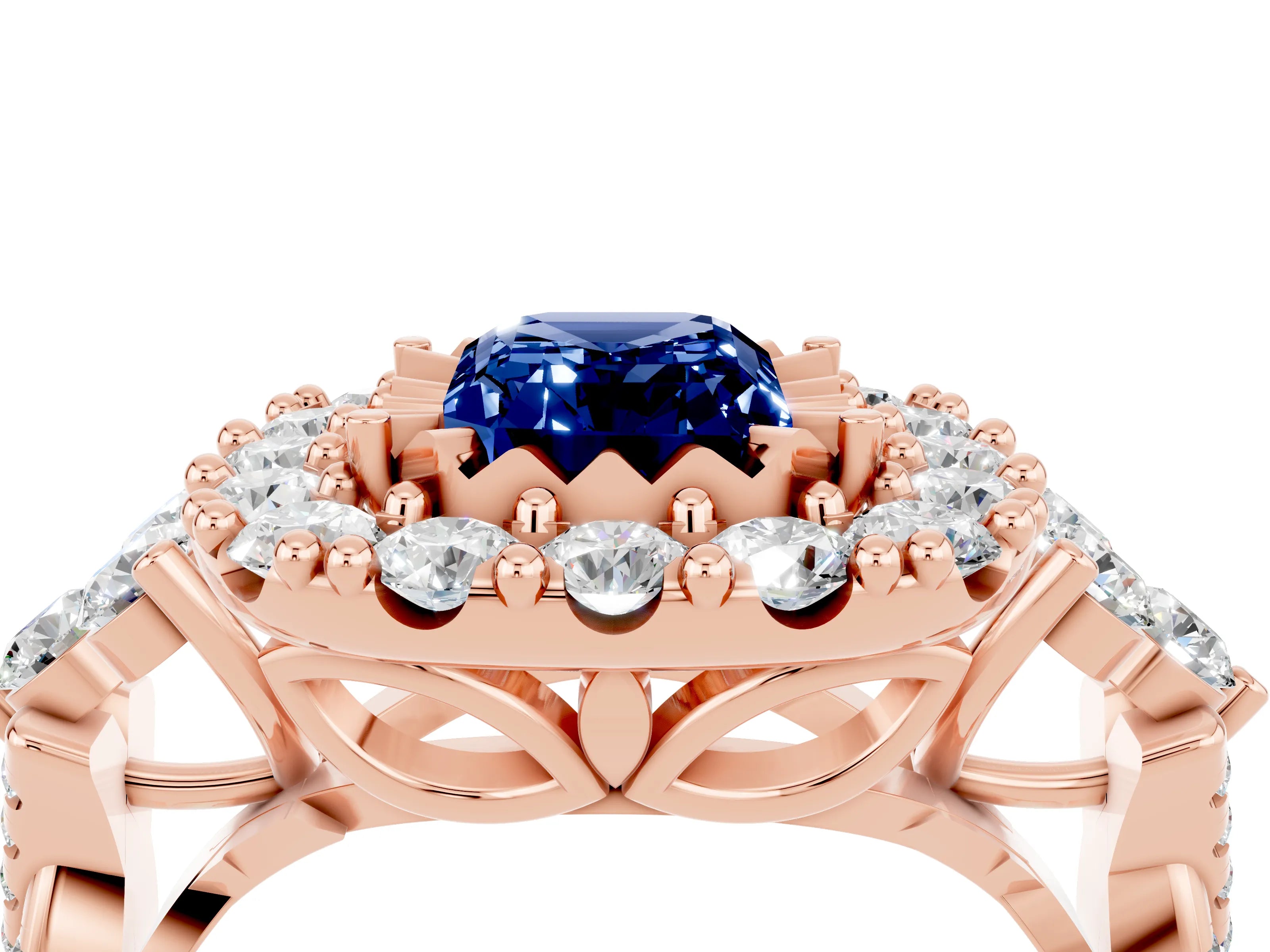 Rose gold Emerald Cut Blue Sapphire Halo Ring with Pavé Band and Four-Prong Setting_16