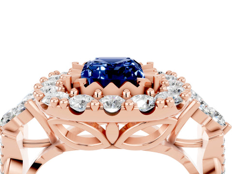 Rose gold Emerald Cut Blue Sapphire Halo Ring with Pavé Band and Four-Prong Setting_16