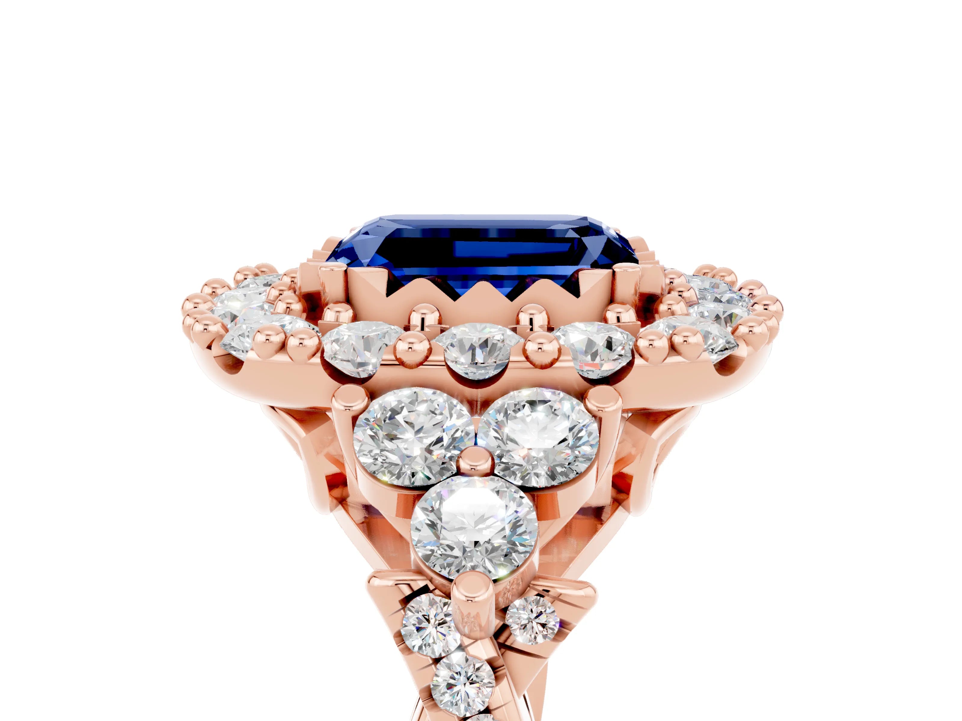 Rose gold Emerald Cut Blue Sapphire Halo Ring with Pavé Band and Four-Prong Setting_17