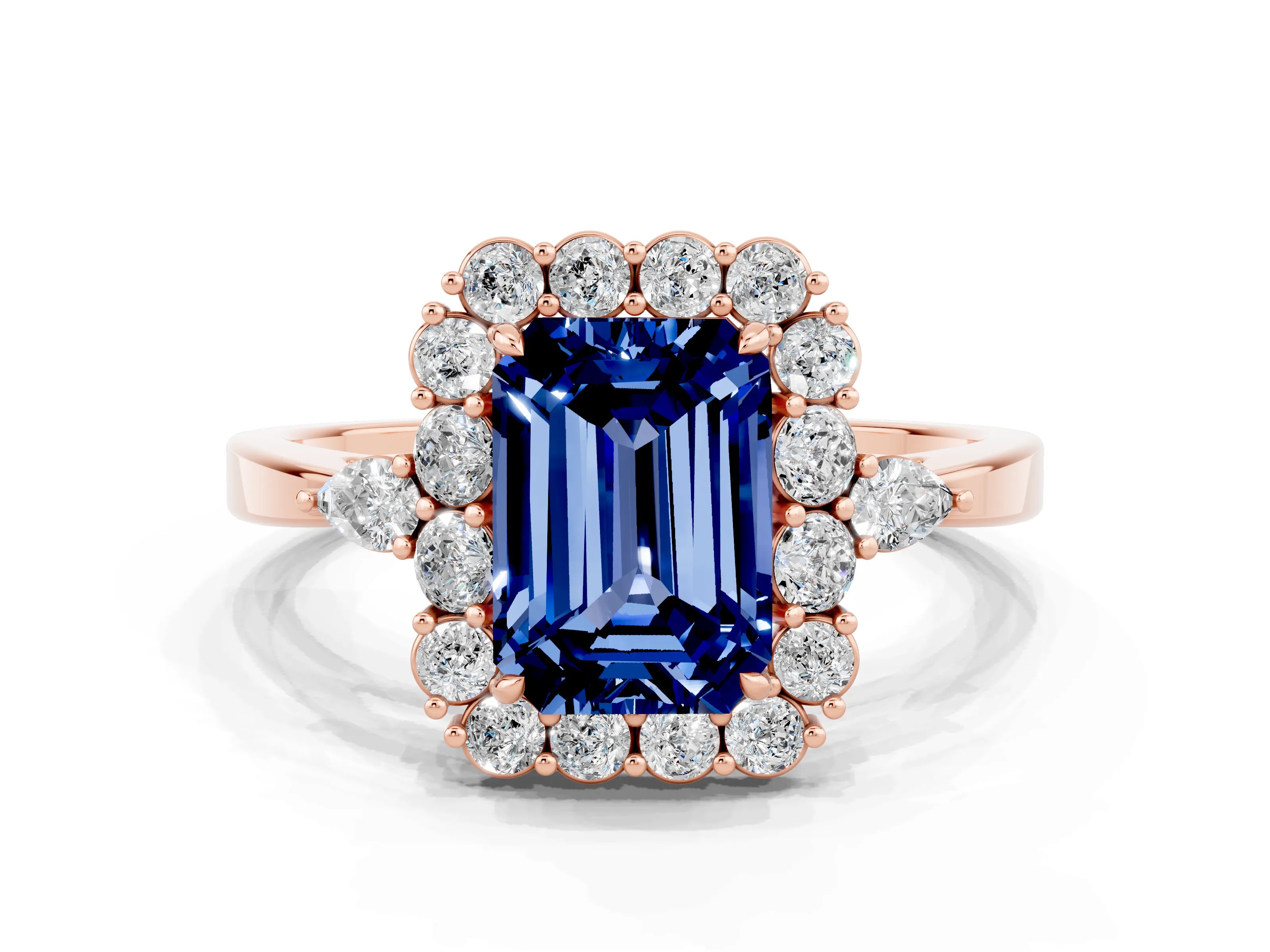 Rose gold Emerald Cut Blue Sapphire Halo Ring with Pear Side Stones and Prong Setting_12
