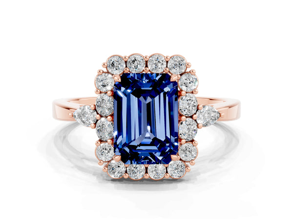 Rose gold Emerald Cut Blue Sapphire Halo Ring with Pear Side Stones and Prong Setting