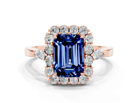 Rose gold Emerald Cut Blue Sapphire Halo Ring with Pear Side Stones and Prong Setting_12
