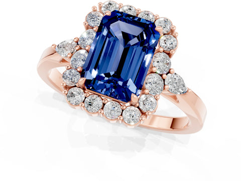 Rose gold Emerald Cut Blue Sapphire Halo Ring with Pear Side Stones and Prong Setting_13