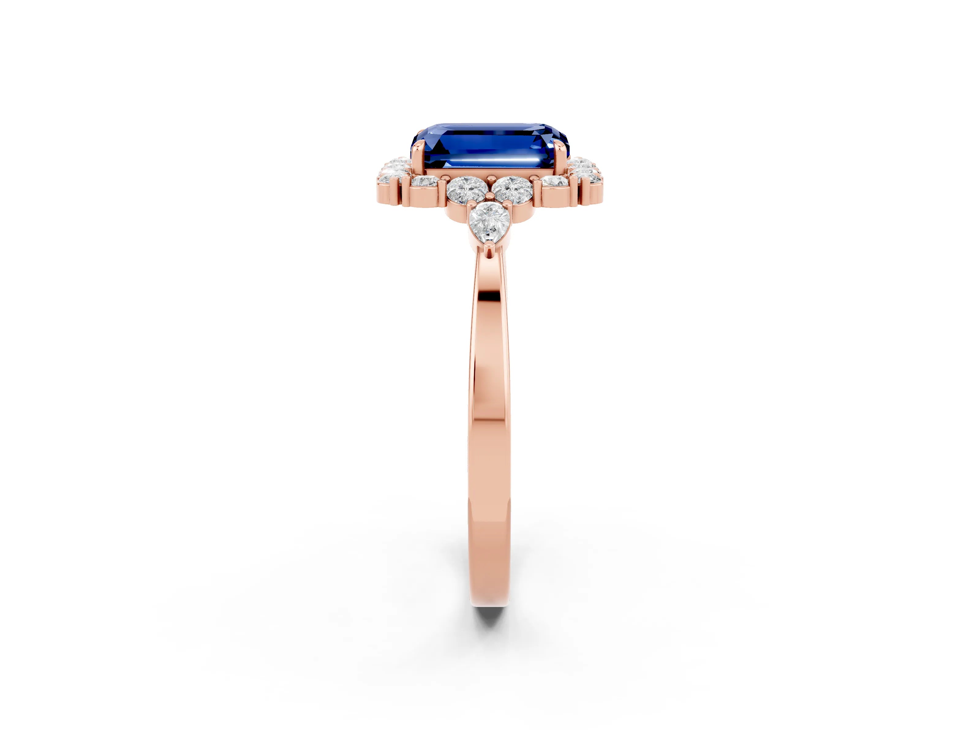 Rose gold Emerald Cut Blue Sapphire Halo Ring with Pear Side Stones and Prong Setting_14